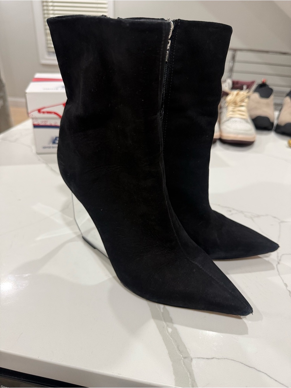 SCHUTZ Black Suede Pointed Ankle Boots with Metallic Silver Wedge